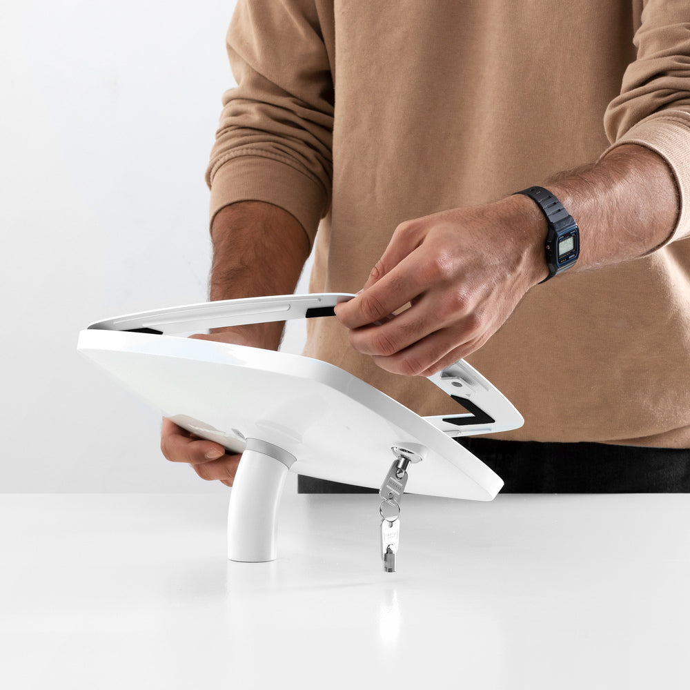 Bouncepad Desk - A secure tablet & iPad desk mount in white.