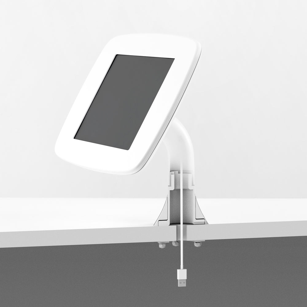 Bouncepad Sumo - A secure & adjustable tablet & iPad desk mount in white.